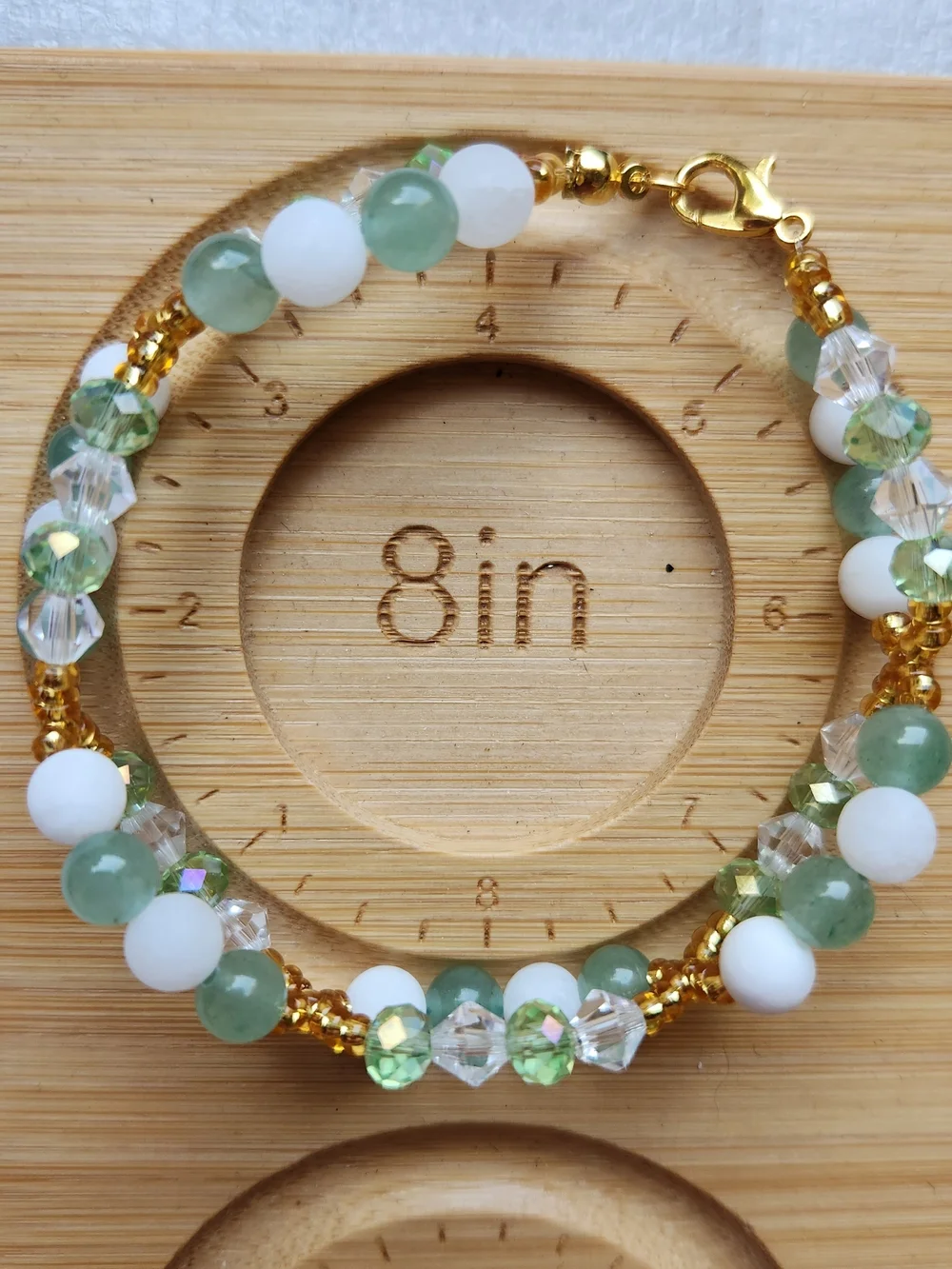 Hand Crafted Green Aventurine & White Jade Gold Beaded Stretch Bracelet